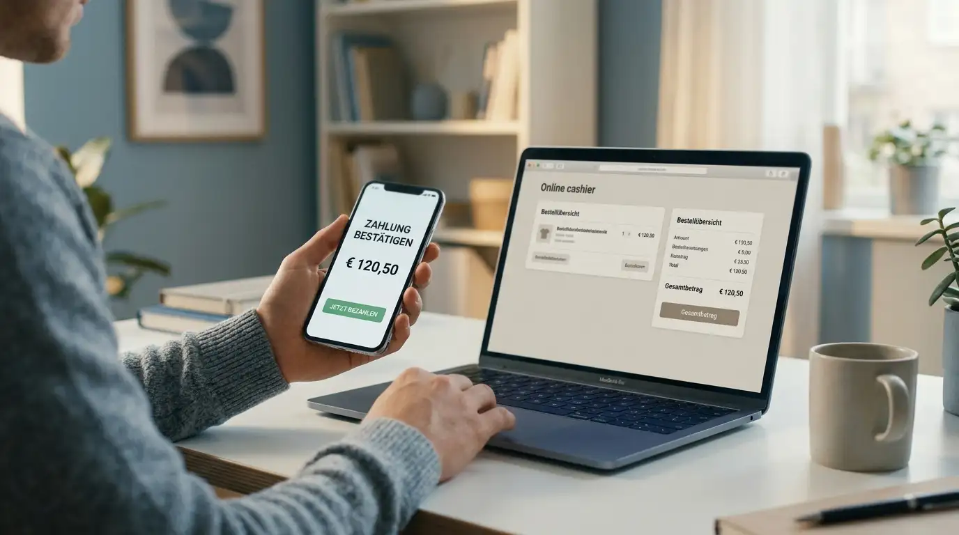 Person am Laptop richtet eine Google-Pay-Einzahlung im Online Casino ein