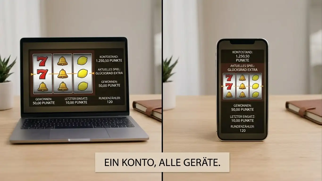 Smartphone und Desktop-Bildschirm zeigen dieselbe Casino-Oberfläche synchronisiert
