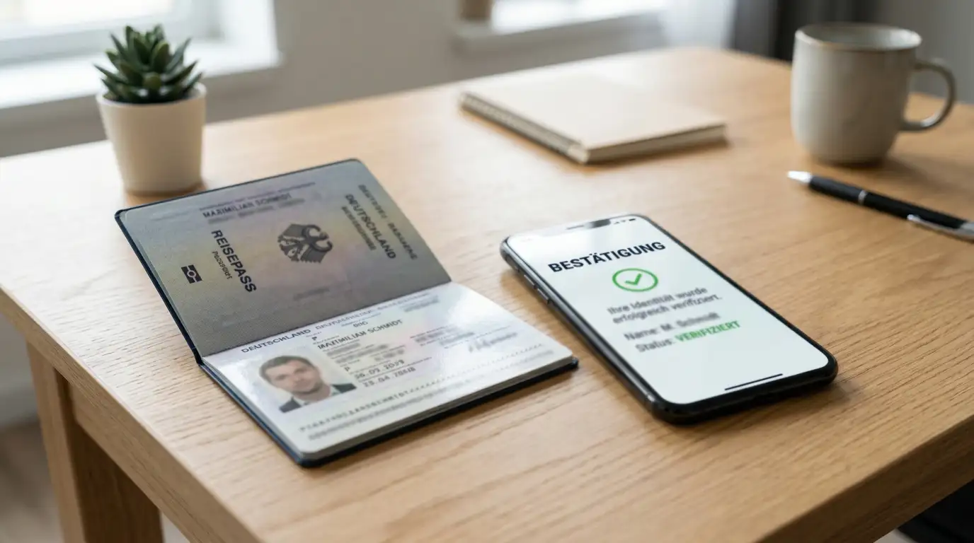 Aufgeschlagener Reisepass neben Smartphone mit KYC-Verifizierungsbildschirm