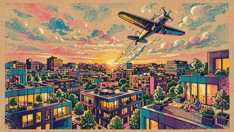 Ein Propellerflugzeug steigt über die deutsche Stadtsilhouette bei Sonnenuntergang auf.