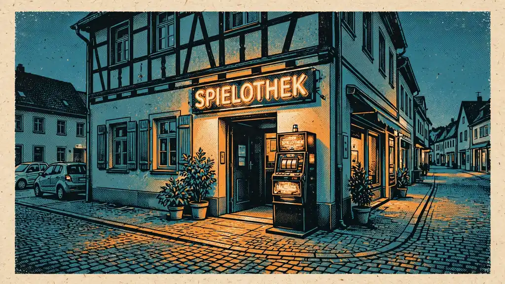 Beleuchteter Eingang einer deutschen Spielothek mit Neim-Schild bei Abenddämmerung.
