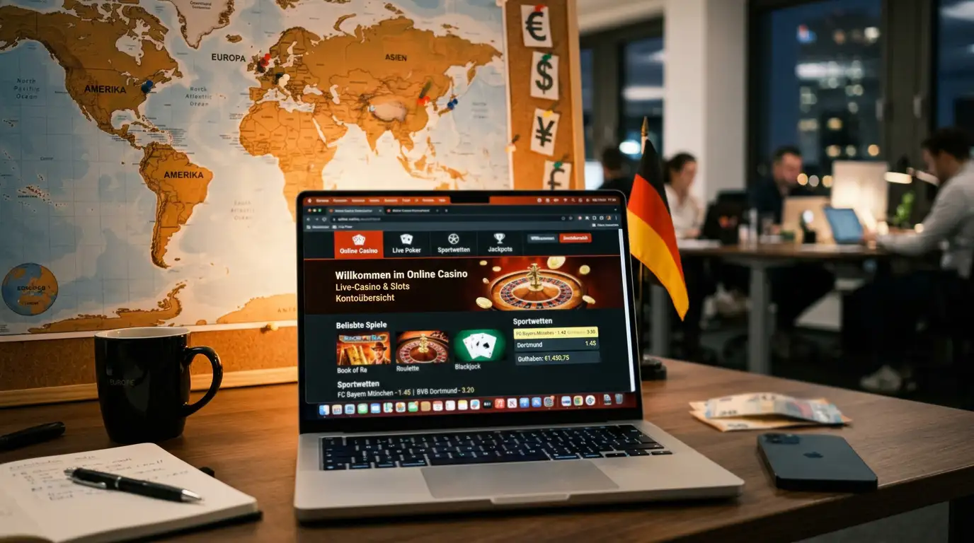 Laptop mit mehreren geöffneten internationalen Casino-Tabs
