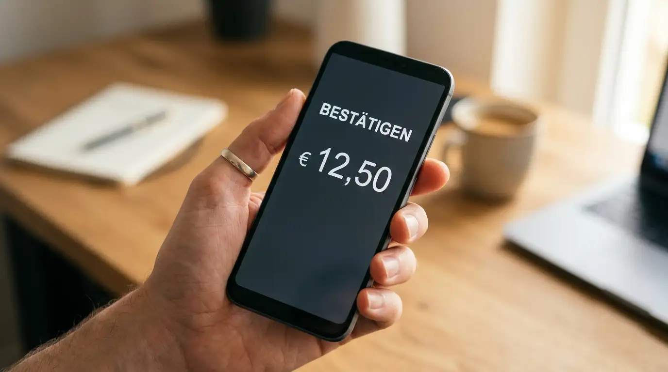 Hand hält ein Smartphone mit kleiner Einzahlungssumme im Casino-Kassenbereich