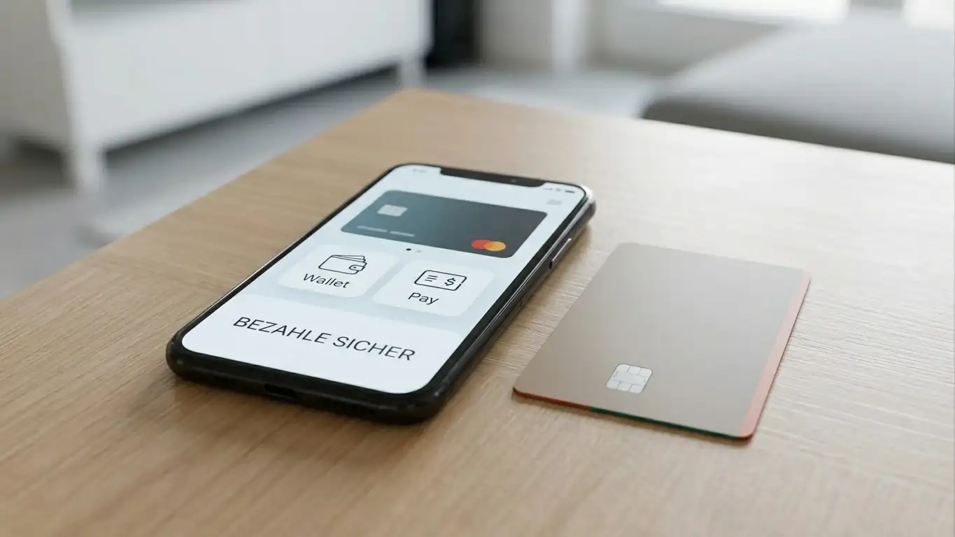 Smartphone mit mobilen Bezahloptionen neben einer Kreditkarte