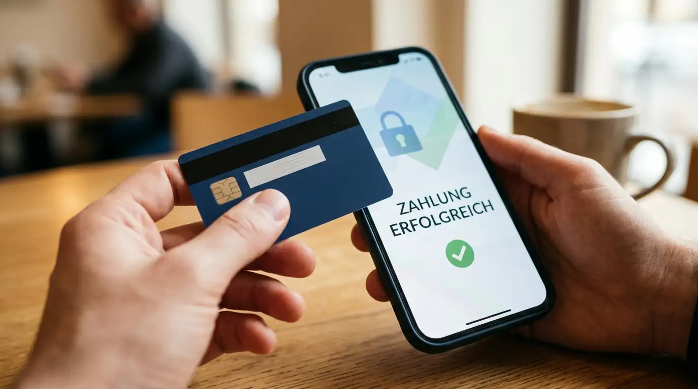 Hand hält Kreditkarte vor Smartphone mit Bestätigungsfreigabe