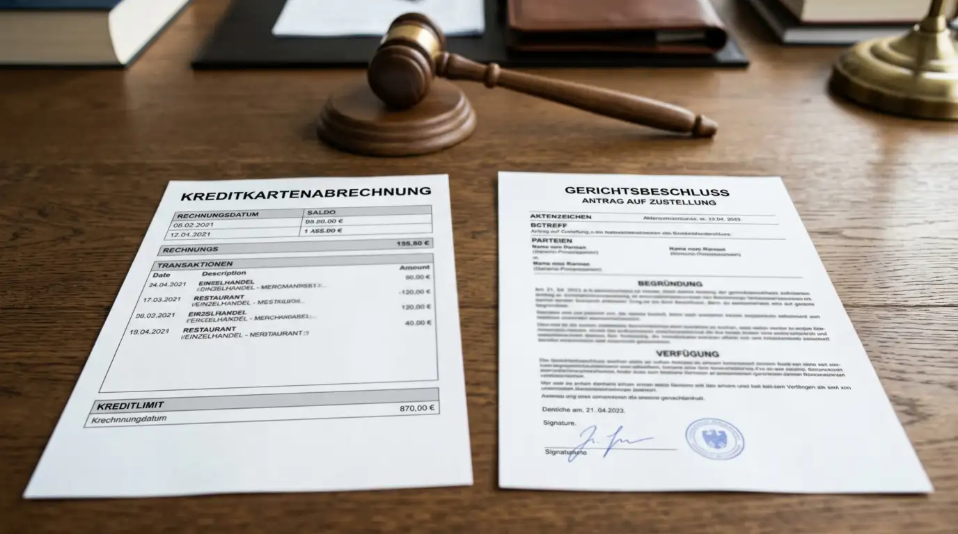 Kreditkartenabrechnung und Gerichtsdokument auf einem Tisch