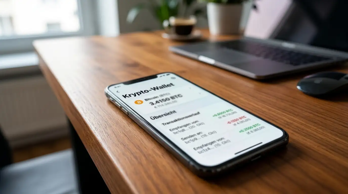 Bitcoin-Wallet auf Smartphone-Bildschirm mit Krypto-Casino-Interface