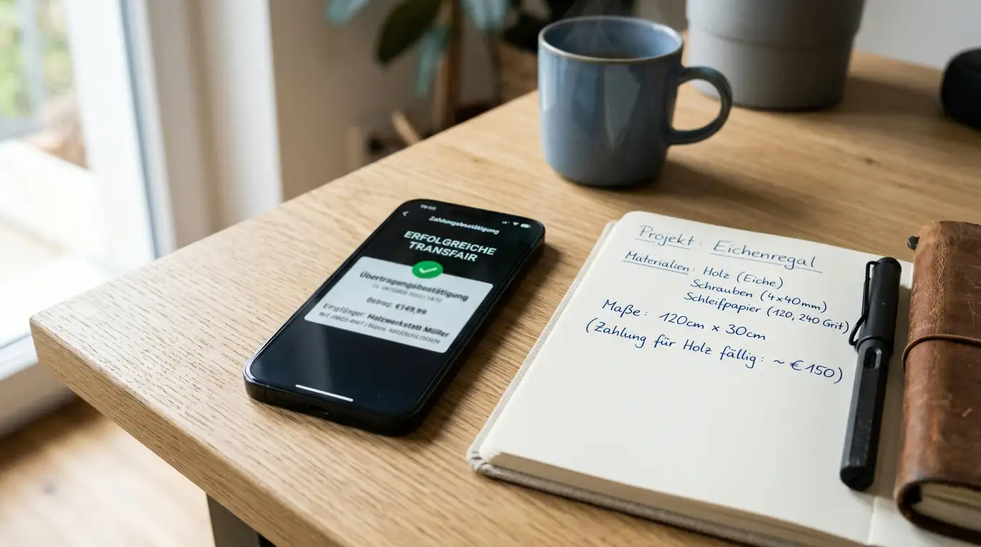 Smartphone mit abstrakter Transaktionsbestätigung und handschriftlichen Notizen