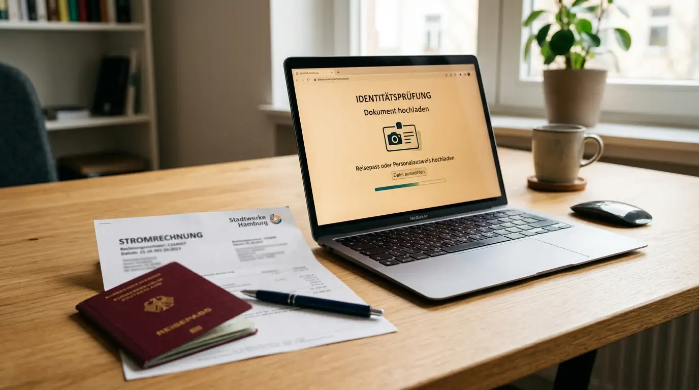 Dokumente mit Ausweis und Adressnachweis auf Schreibtisch neben Laptop