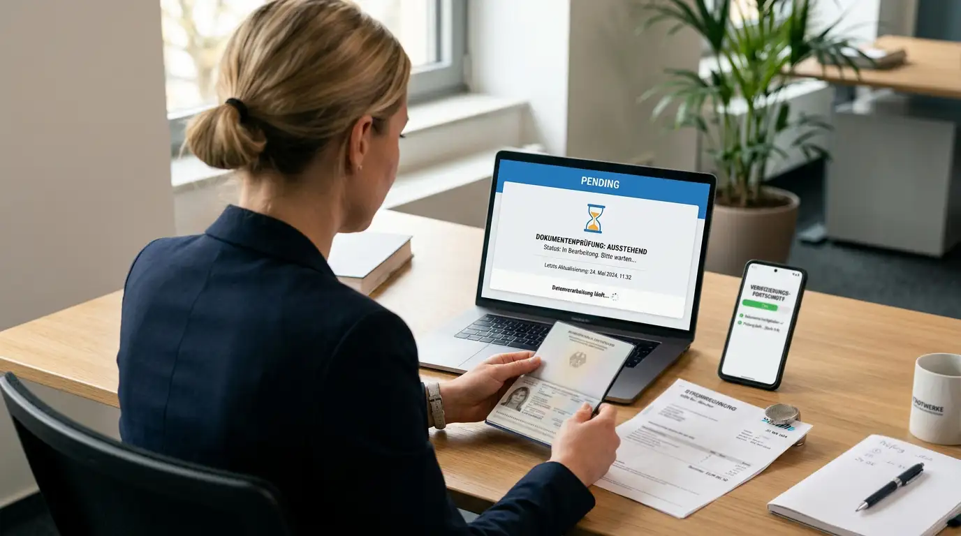 Person prüft Dokumente am Schreibtisch, Laptop zeigt Pending-Status-Bildschirm