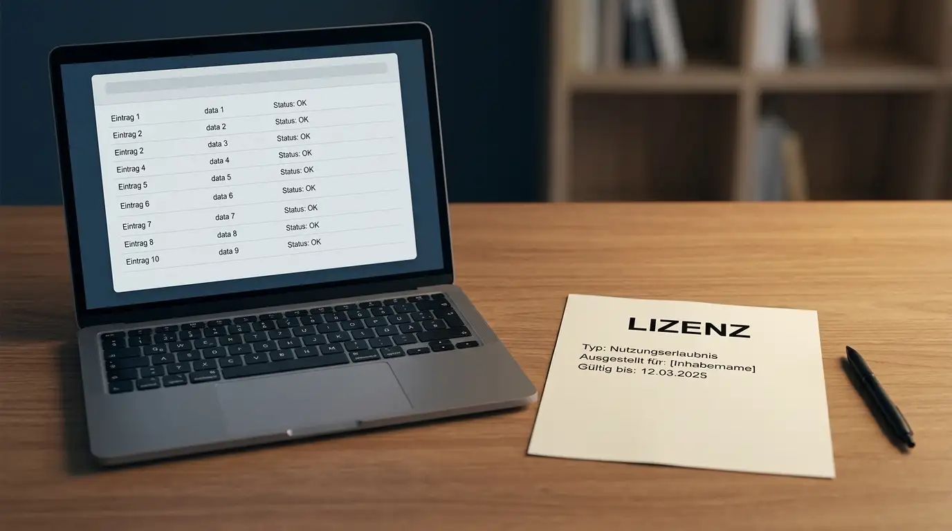 Neutrales Lizenzdokument und Laptop symbolisieren geprüfte legale Casino-Anbieter