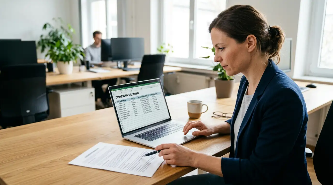 Person prüft eine neutrale Lizenzunterlage und eine Domainliste am Laptop im hellen Büro