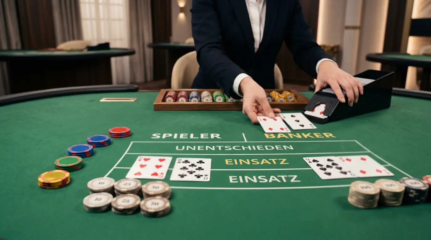 Live-Baccarat-Karten und verschiedene Tischvarianten in einer neutralen Studioansicht