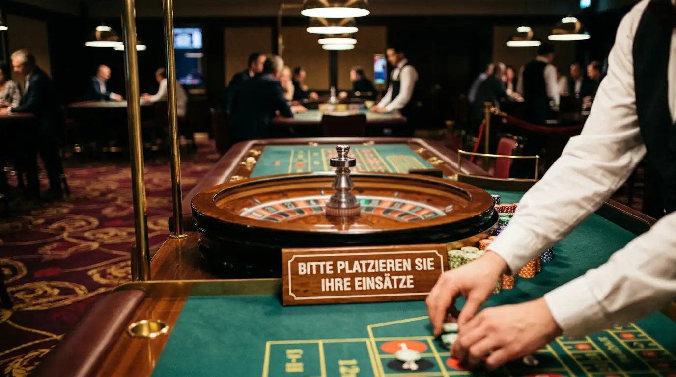 Live-Casino-Tisch mit Roulette-Rad und Croupier im Hintergrund