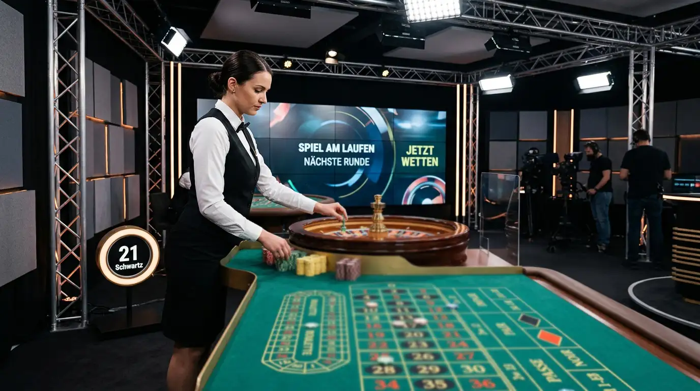 Live-Croupier im Studio mit Roulettekessel und sichtbarer Rundenanzeige