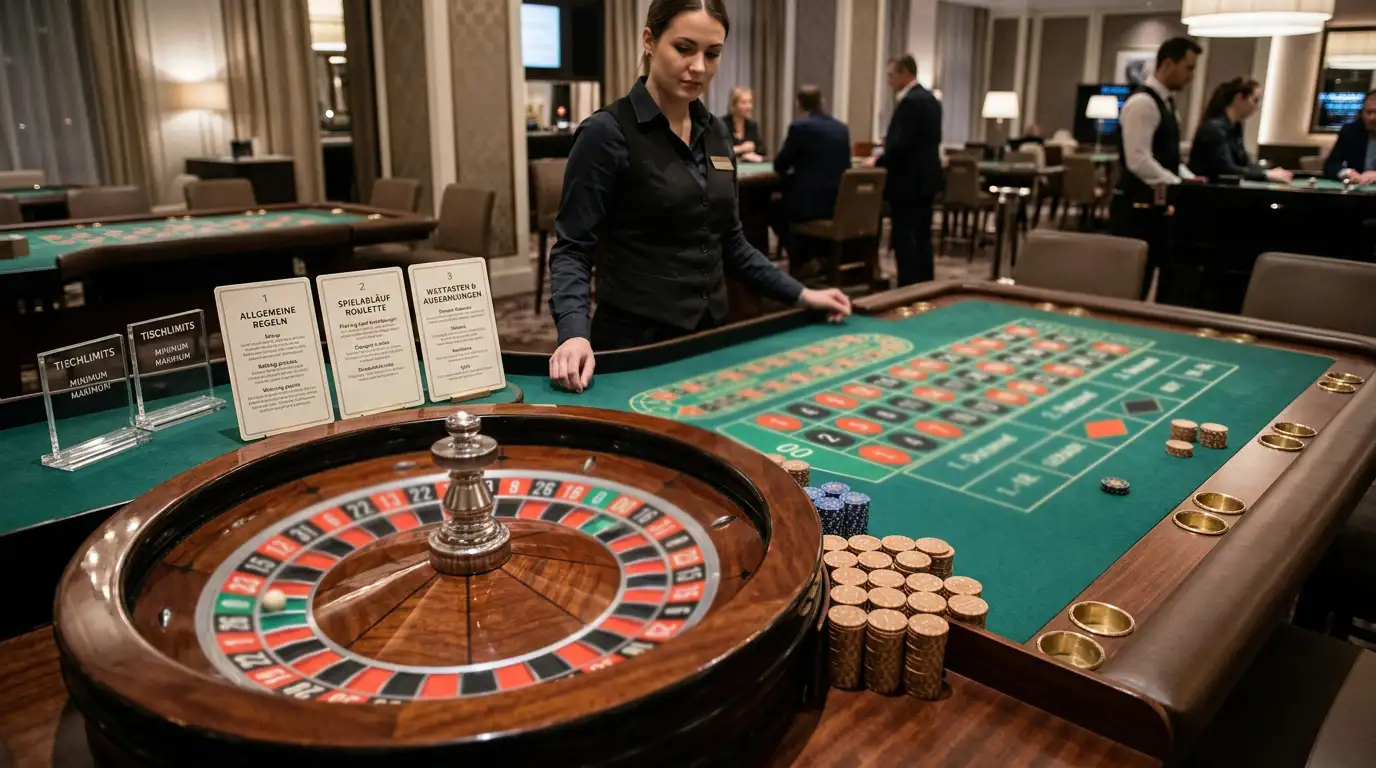 Live-Roulette-Tisch mit Regelkarte und klar markierten Tischgrenzen