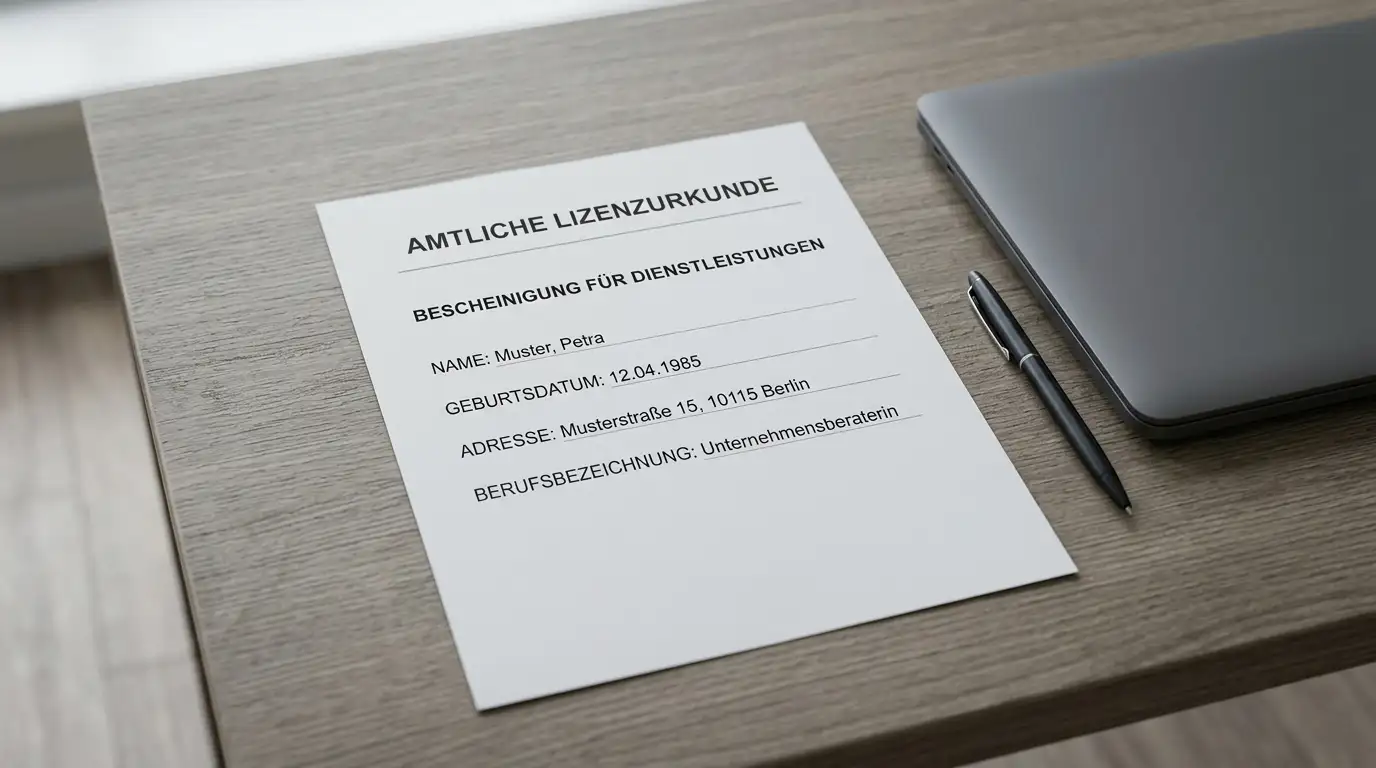 Neutrales Lizenzdokument auf einem Schreibtisch als Sinnbild der Aufsichtshoheit