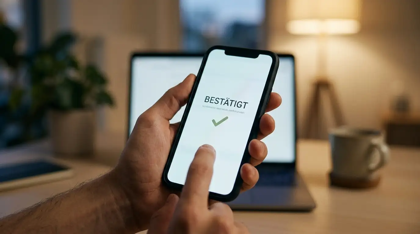 Hand hält Smartphone mit Bestätigungscode für eine Kartenzahlung