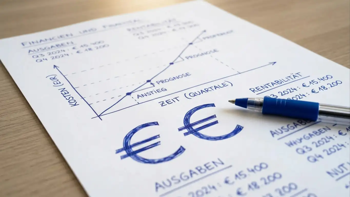 Nahaufnahme eines Euro-Symbols auf Papier mit Stift und Finanzdiagramm