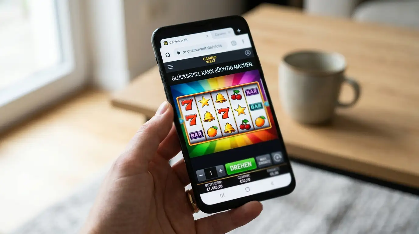 Smartphone in der Hand zeigt Casino-Slot im mobilen Browser