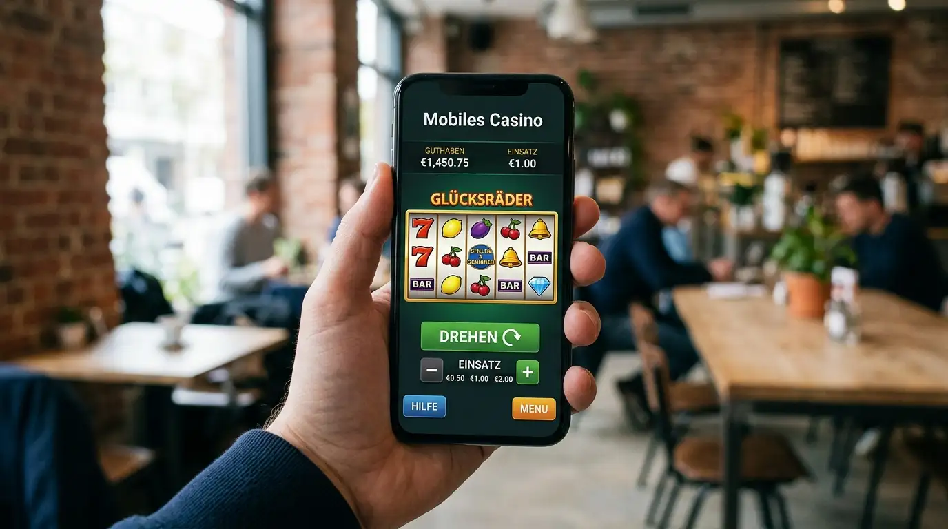 Smartphone mit Casino-App in urbaner Café-Umgebung