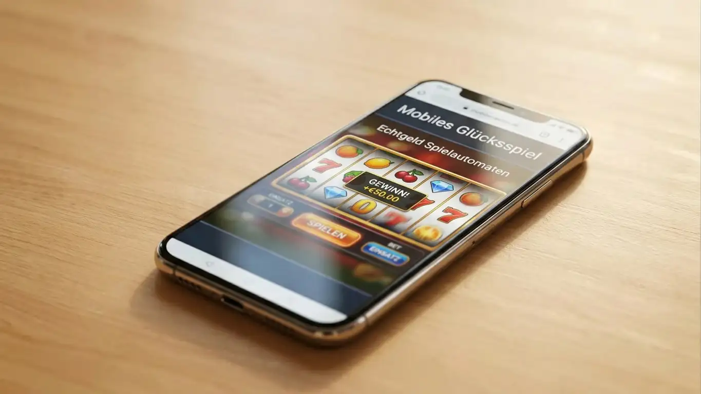 Smartphone mit geöffneter Casino-Website und Slot-Spiel