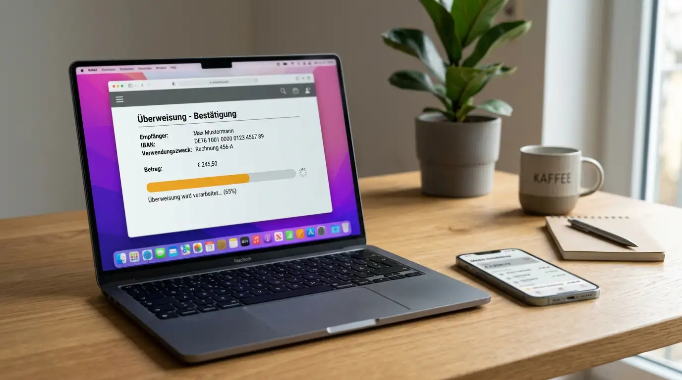 Laptop-Bildschirm mit Banking-Oberfläche neben Smartphone mit E-Wallet
