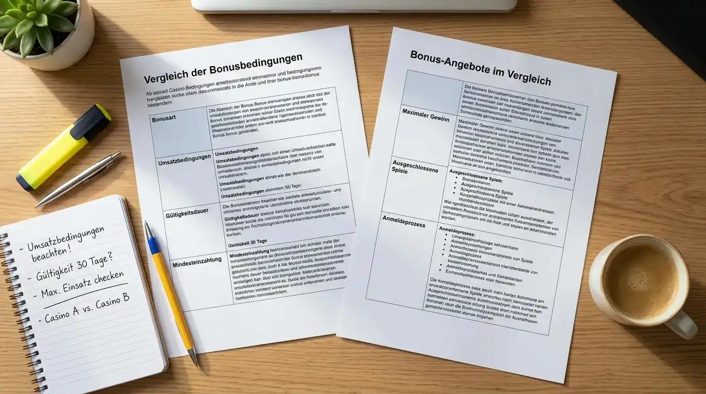 Schreibtisch mit Vergleichstabellen, Notizen und Stift