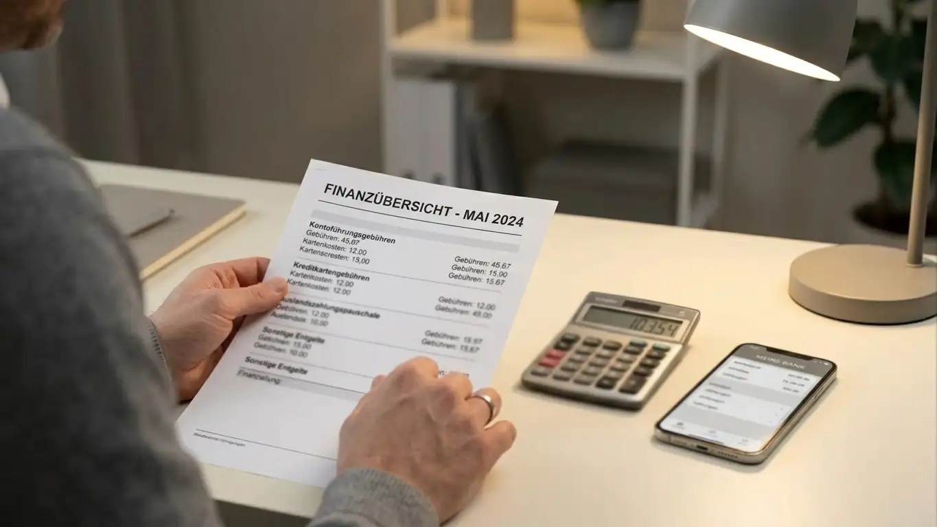 Person am Schreibtisch prüft Kontoauszug mit Gebührenaufstellung