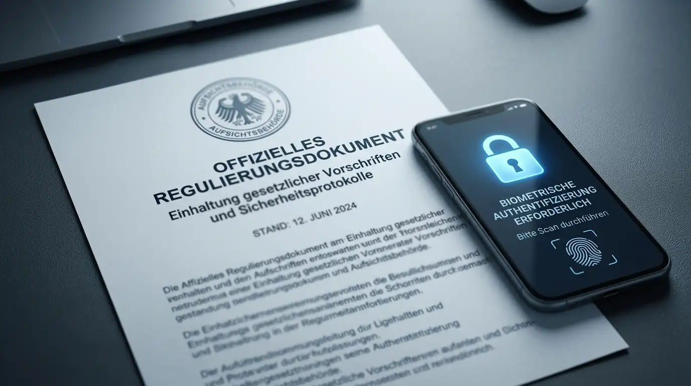 UK-Regulierungsdokument mit Siegel neben Smartphone mit Sicherheitsinterface