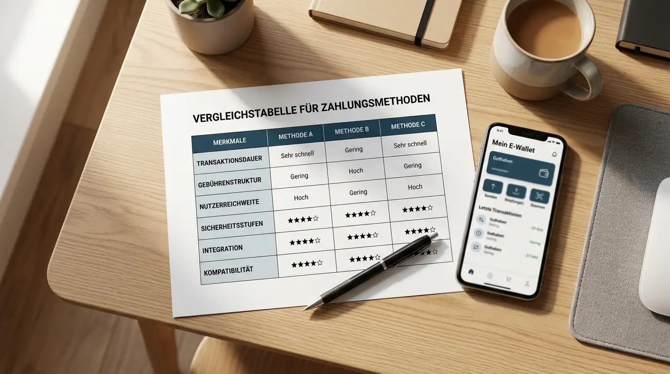 Schreibtisch mit Vergleichsdokument und Smartphone mit neutraler E-Wallet-App