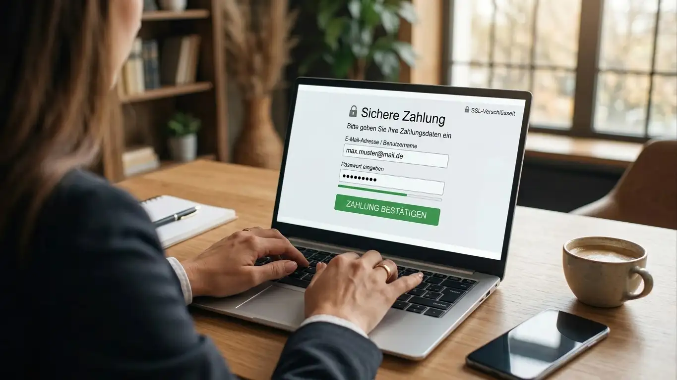 Person am Laptop tippt Zahlungsinformationen in Neteller-Login-Fenster ein