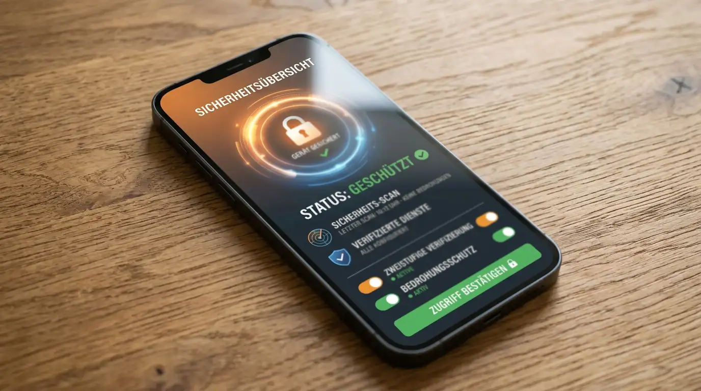 Smartphone zeigt Sicherheits-Interface mit Sperrsymbolen und Verifizierungshaken