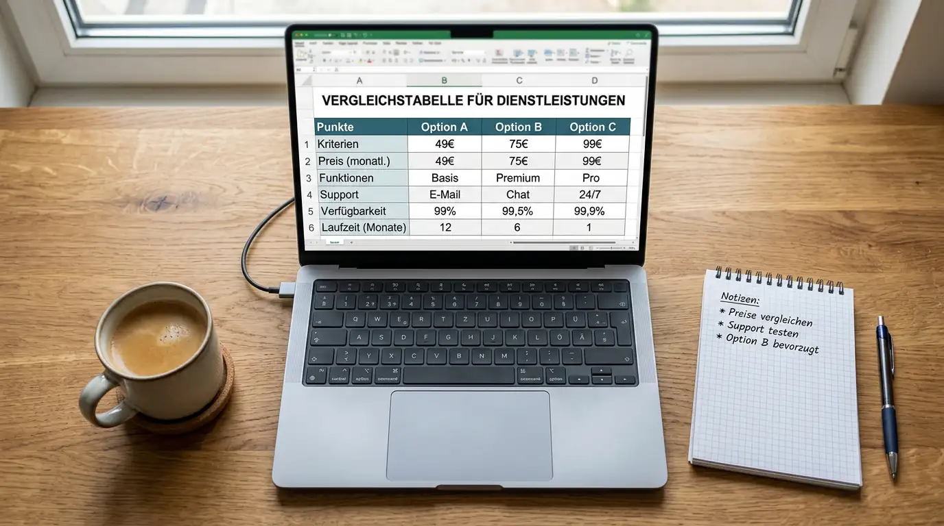 Laptop mit Vergleichstabelle verschiedener Casino-Angebote auf dem Bildschirm