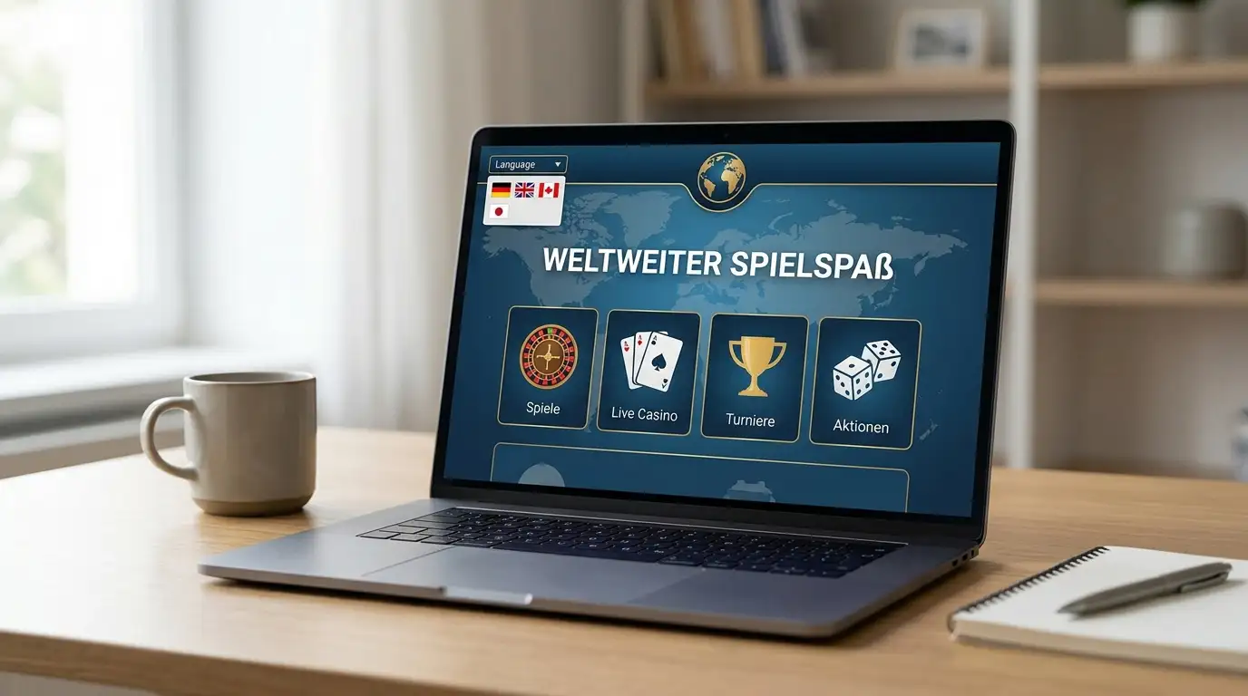 Laptop zeigt internationales Casino-Interface mit verschiedenen Länderflaggen