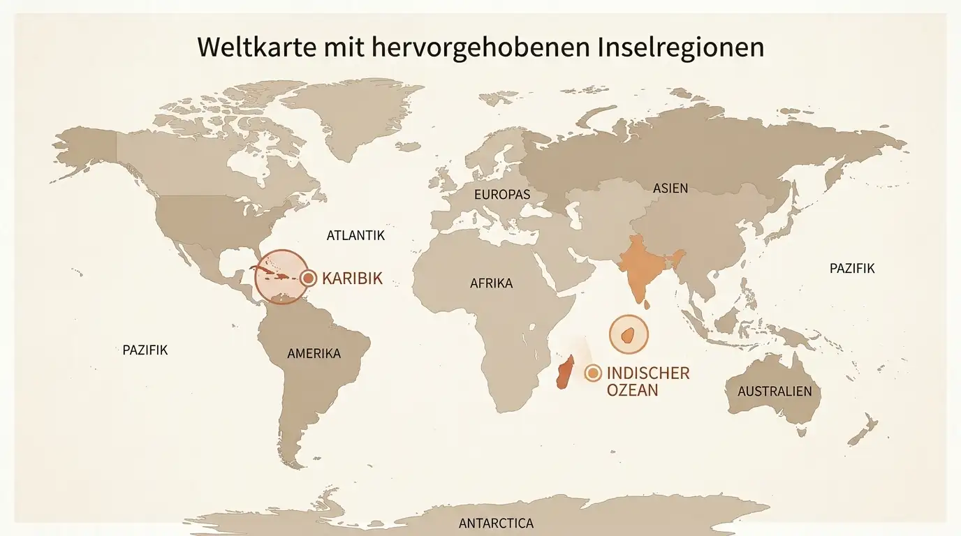 Weltkarte mit markierten Offshore-Jurisdiktionen Curaçao und Anjouan