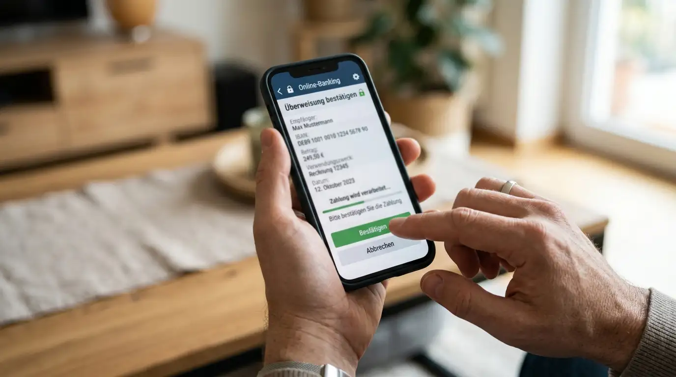 Hände beim Online-Banking auf Smartphone
