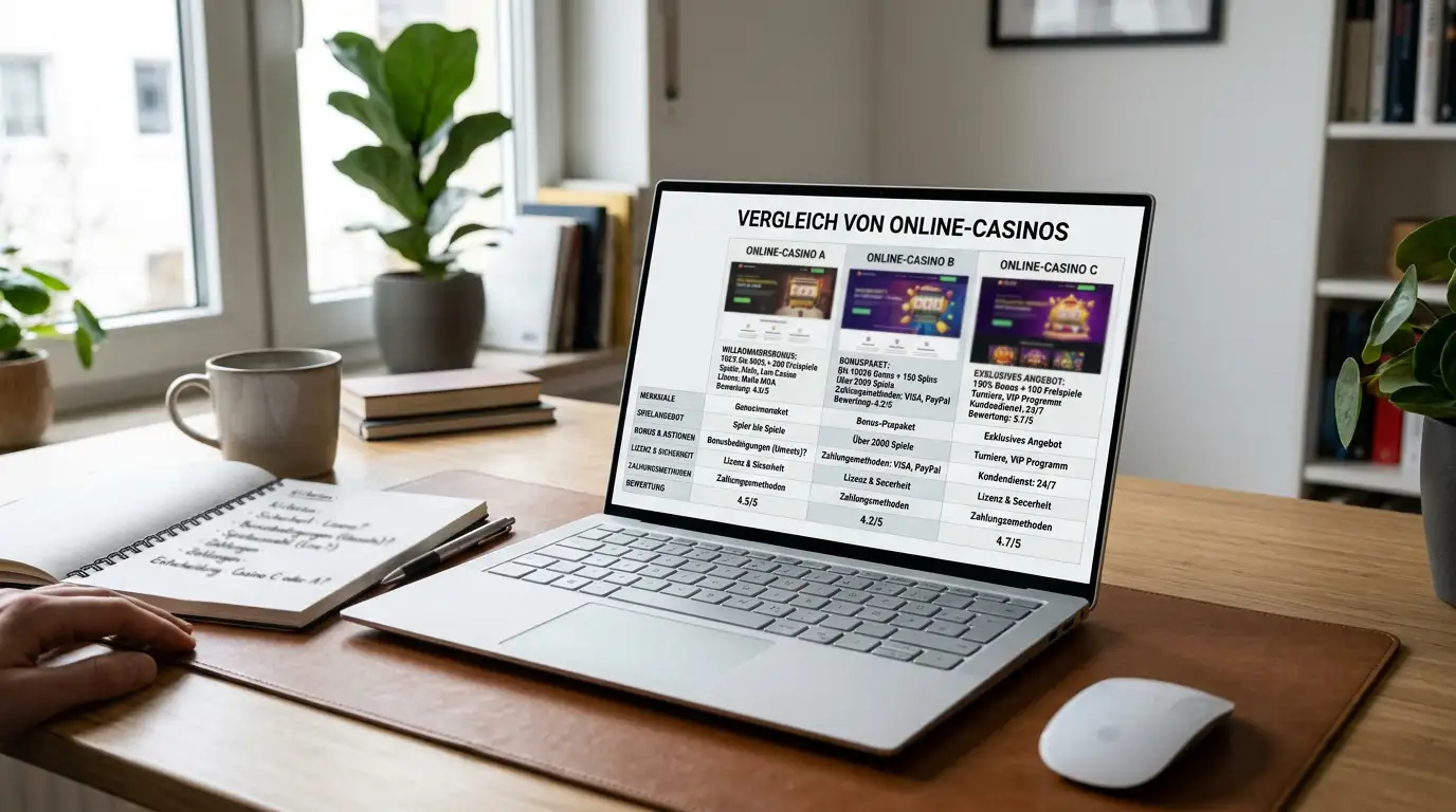 Laptop mit Casino-Vergleich auf Split-Screen neben Notizbuch