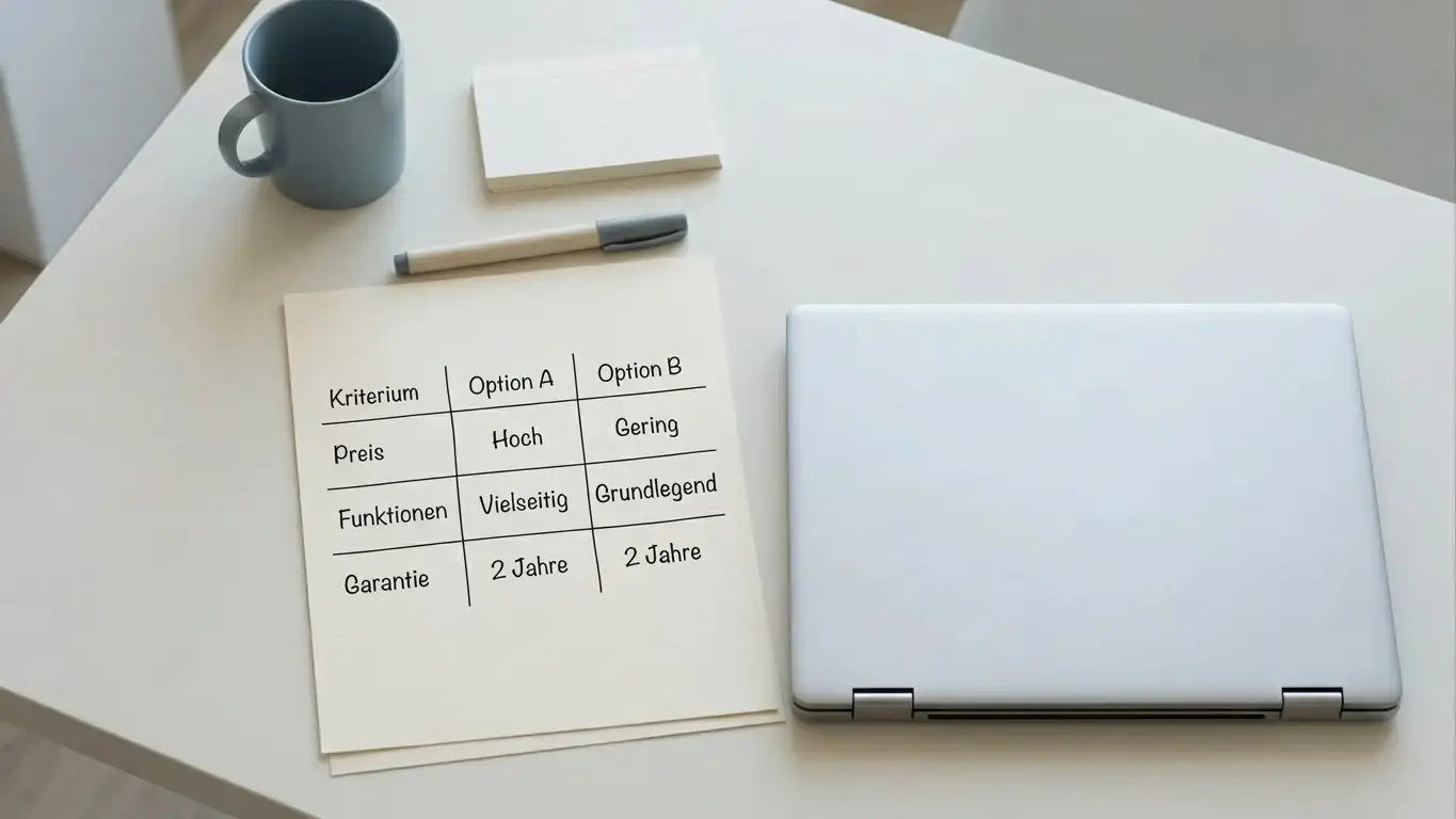 Aufgeräumter Arbeitsplatz mit neutraler Vergleichstabelle ohne Markenlogos
