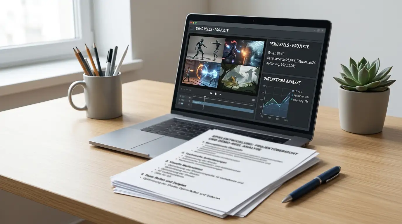 Laptop mit neutraler Demo-Spielansicht und daneben übersichtliche Spielinformationen auf Papier
