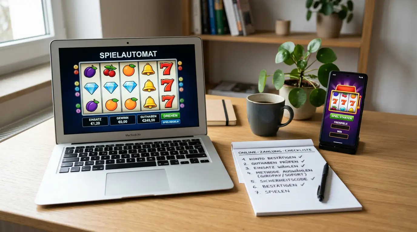Smartphone und Laptop mit neutraler Slot-Oberfläche und übersichtlicher Zahlungscheckliste