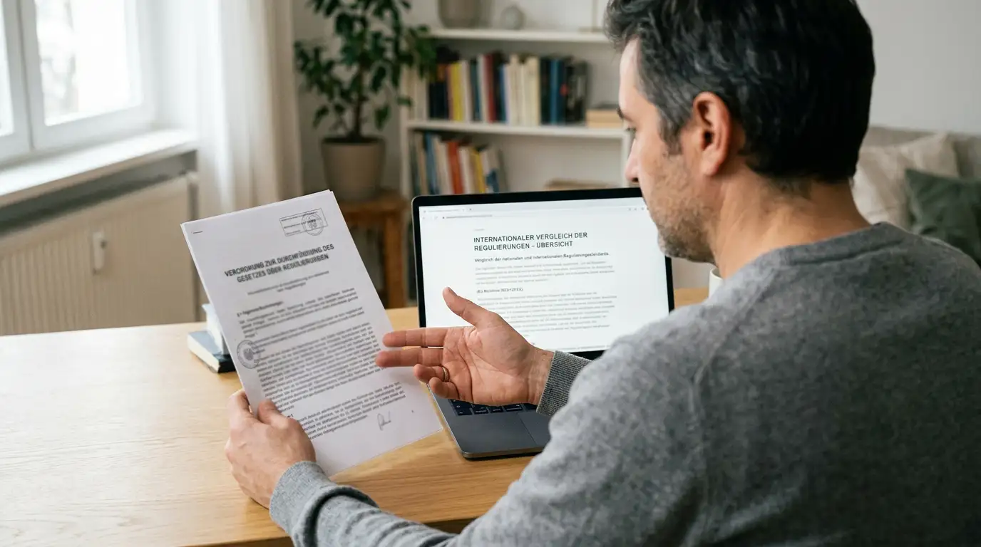 Person vergleicht eine neutrale deutsche Regelübersicht mit einer internationalen Angebotsseite am Laptop