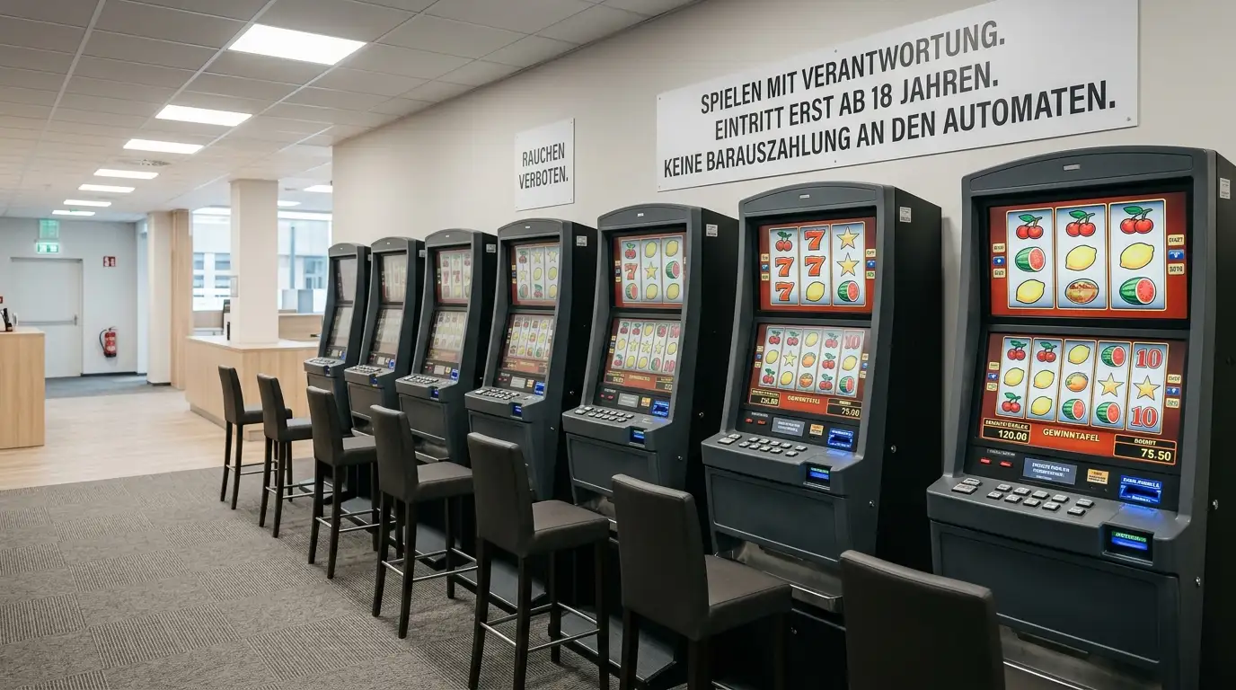 Reihe von Spielautomaten mit leuchtenden Walzen in einer Spielhalle