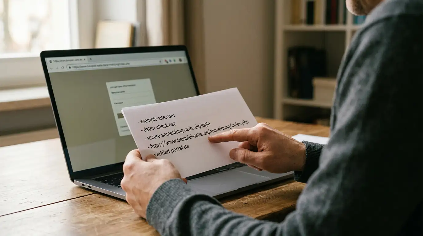 Person vergleicht am Laptop eine Internetadresse mit einem amtlichen Verzeichnis