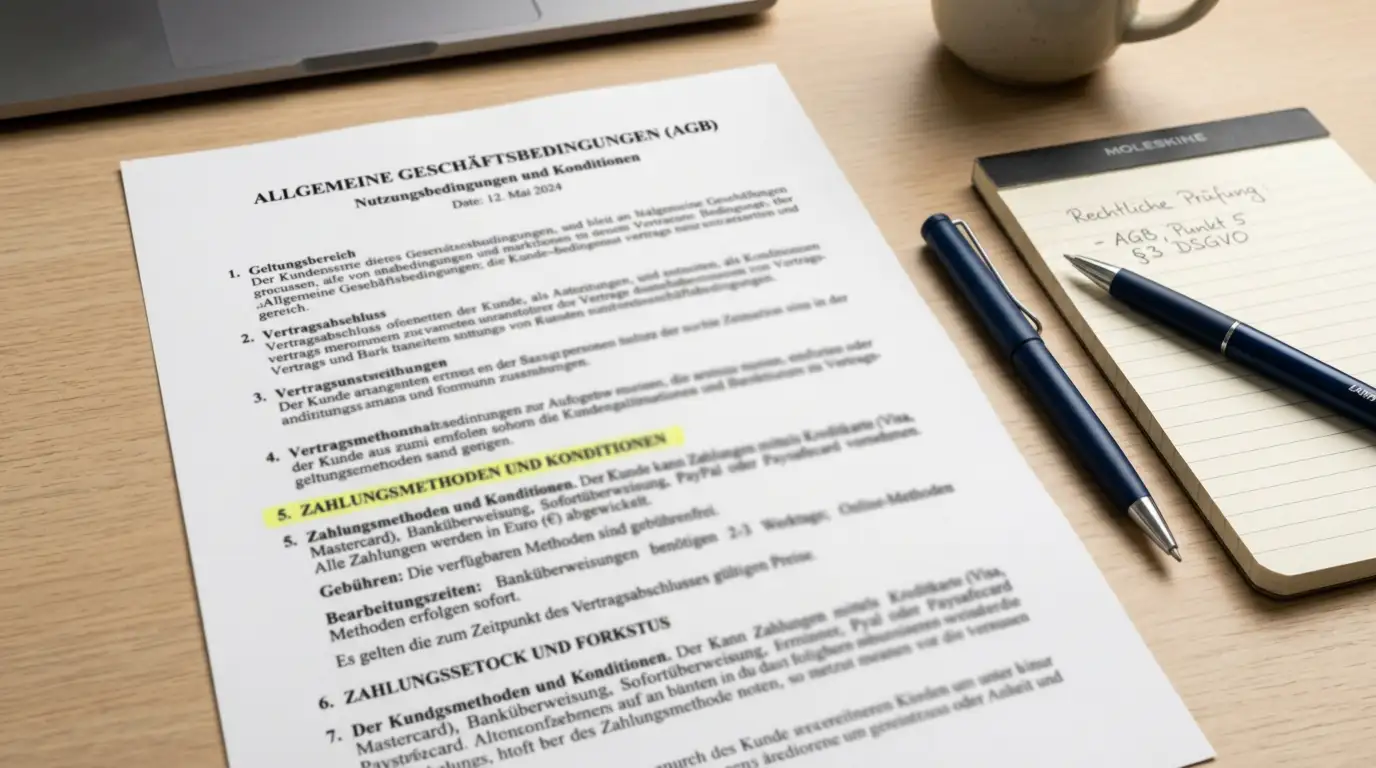 Dokument mit Bonusbedingungen und Zahlungsmethoden-Liste