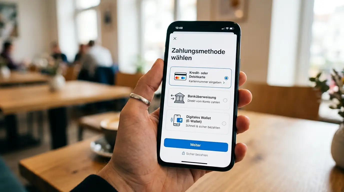 Smartphone mit Zahlungsmethoden-Auswahl in der Hand