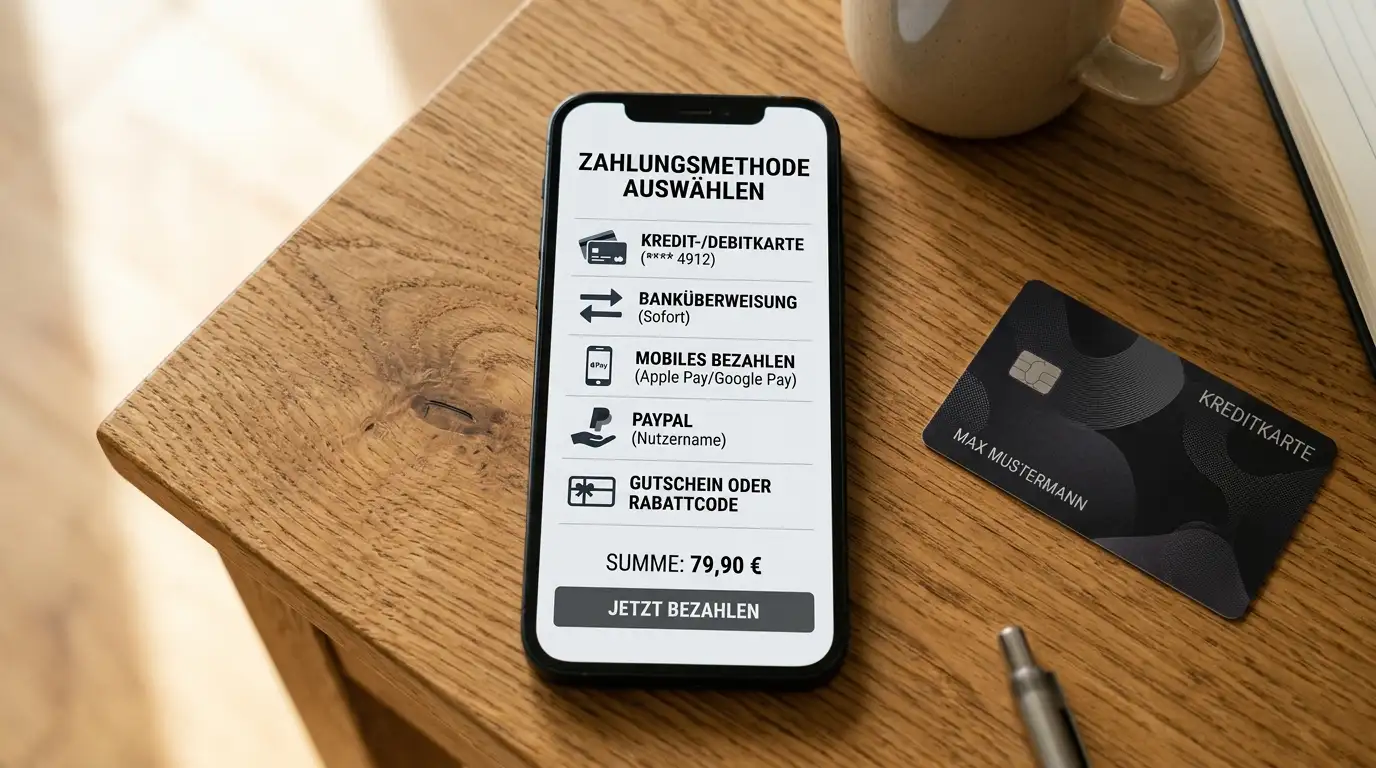 Smartphone mit Zahlungsmethoden-Auswahl, Kreditkarten und Handy auf Schreibtisch