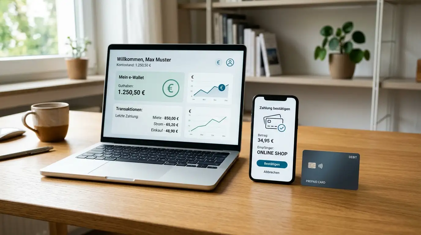 Smartphone und Laptop mit E-Wallet-Oberflächen und generischen Zahlungskarten