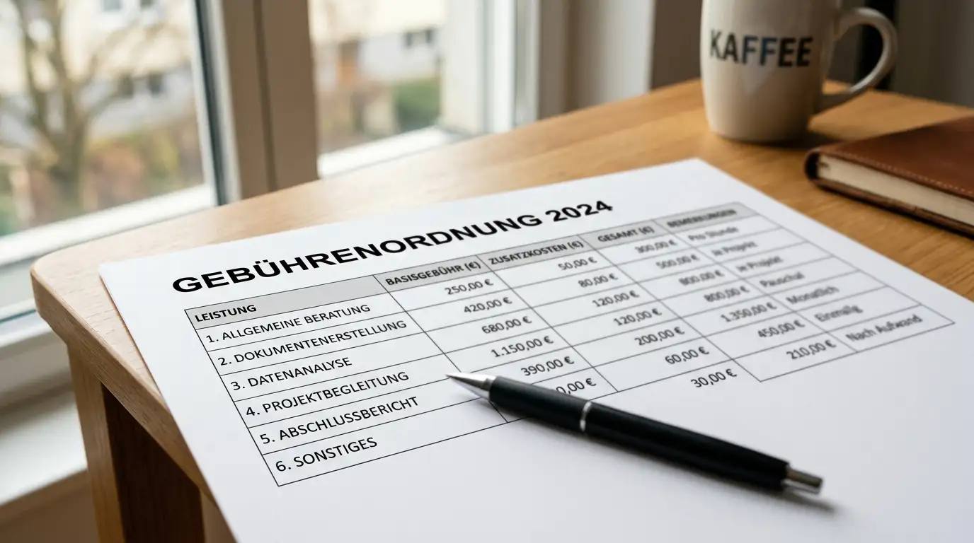 Dokument mit Gebührenstruktur und Taschenrechner