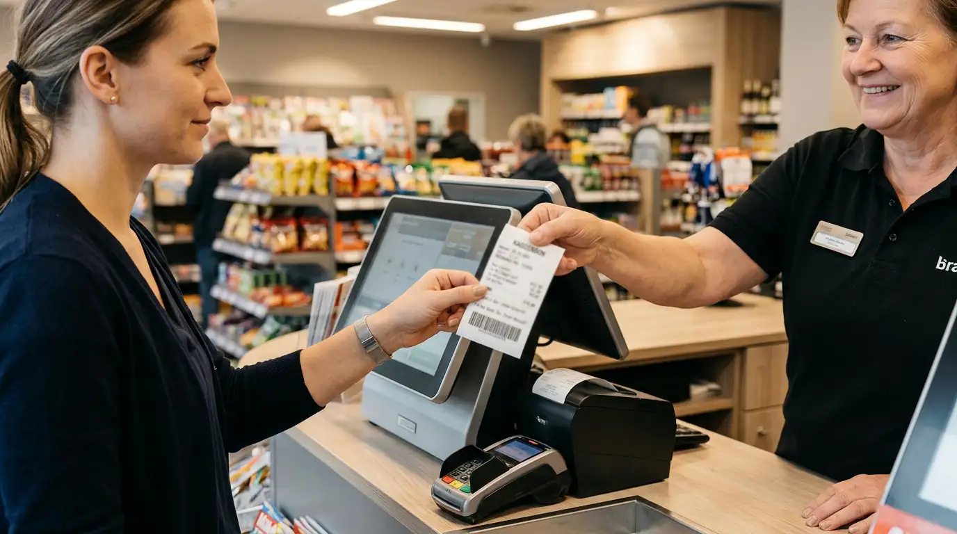 Person kauft paysafecard-Voucher an Kiosk-Kasse
